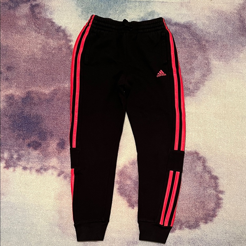 Adidas Kids Black Joggers with Bright Pink Accents